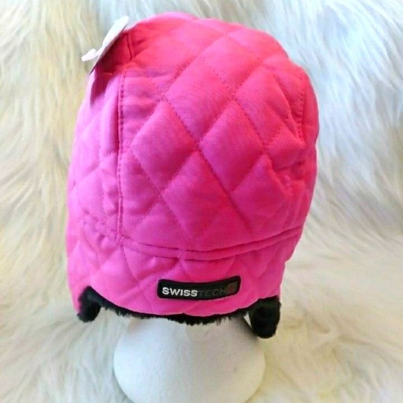 NWT QUILTED HAT AVIATOR FAUX FUR HAT FLEECE BLACK BARBIE PINK NEW - Picture 2 of 3